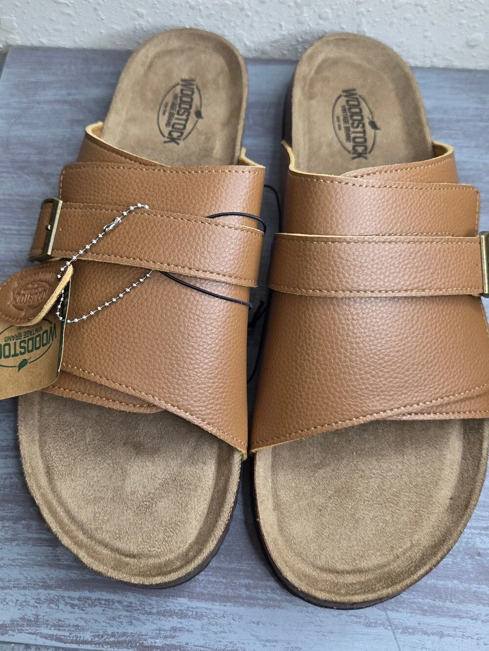Woodstock Brown Leather Slide Sandals - Adjustable Comfort Mens Size 12 NWT